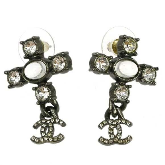 Chanel Dangle Pierced Earrings Rhinestone Silver - Picture 1 of 5